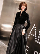 Black Evening Dresses Long V Neck Velvet Satin Patchwork Maxi Dresses
