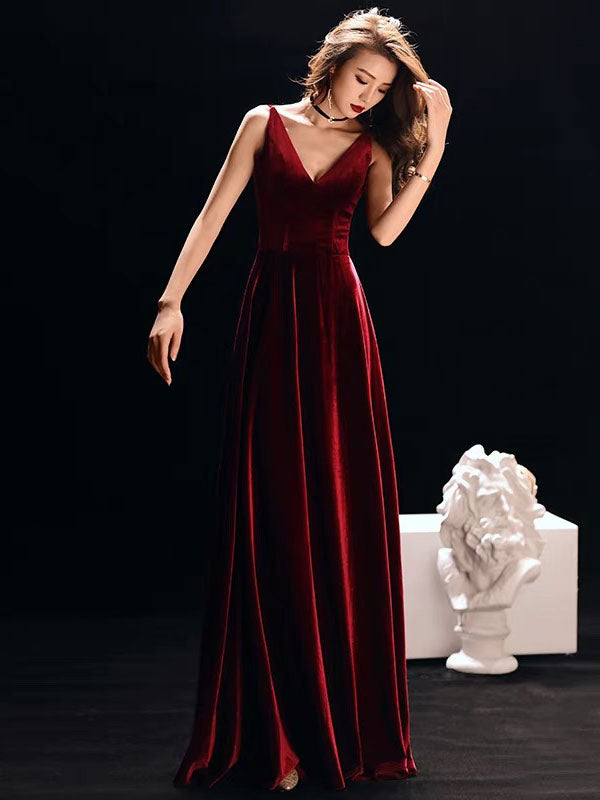 Burgundy Evening Dresses Straps V Neck Velvet Sleeveless Long evening dress