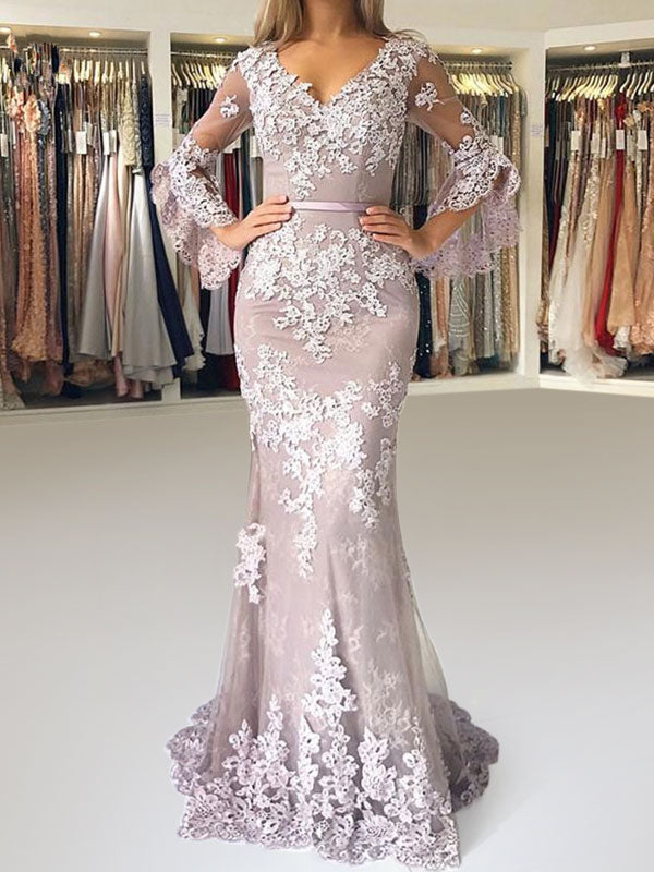 Eleagnt Evening Dress Mermaid V Neck Long Sleeves Zipper Lace Satin Fabric Formal Party Dresses With Train-Ballbella