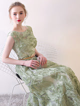 Evening Dresses Long Sage Green Embossment Fabric Texture Sleeveless A Line Floor Length With Sash Wedding Guest Dress