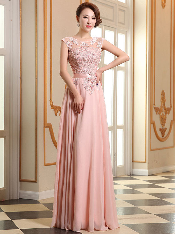Evening Dresses Soft Pink Lace Applique Evening Dresses Chiffon Sleeveless Sash Floor Length Formal Gowns
