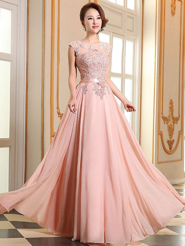 Evening Dresses Soft Pink Lace Applique Evening Dresses Chiffon Sleeveless Sash Floor Length Formal Gowns