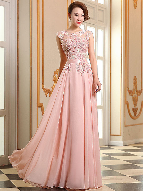 Evening Dresses Soft Pink Lace Applique Evening Dresses Chiffon Sleeveless Sash Floor Length Formal Gowns, fast delivery worldwide.