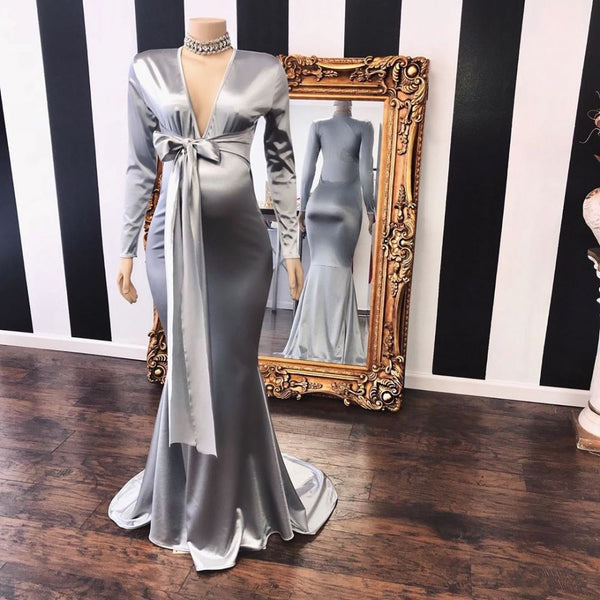 Looking for Prom Dresses, Evening Dresses in Stretch Satin,  style,  and Gorgeous work? Ballbella has all covered on this elegant Elegant Adjustable V-neck Long Sleevess Mermaid Pregnant Formal Dresses.