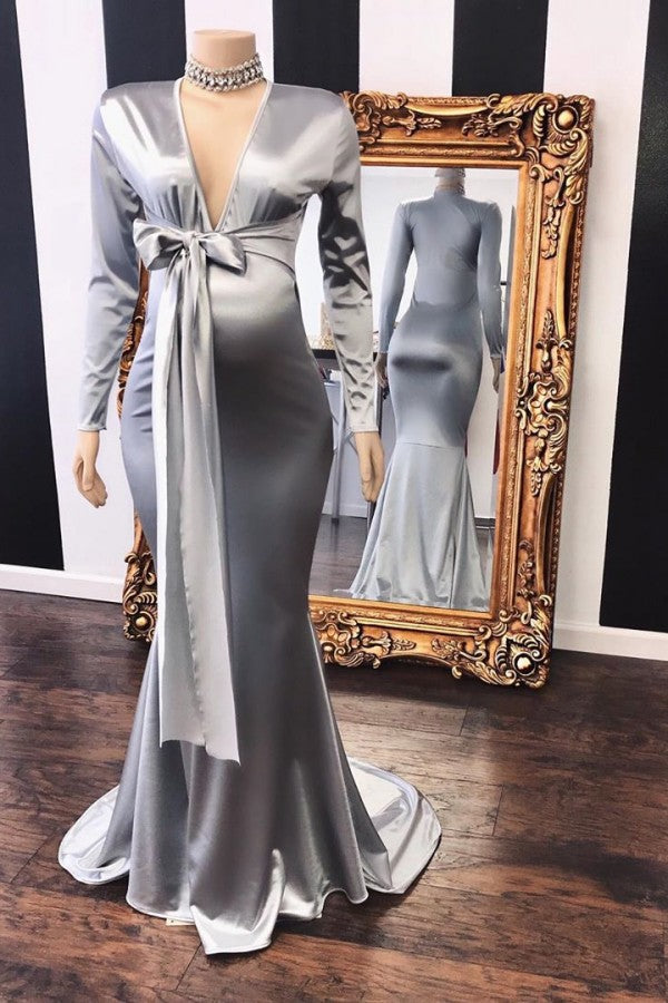 Elegant Adjustable V-neck Long Sleevess Mermaid Pregnant Formal Dresses-Ballbella