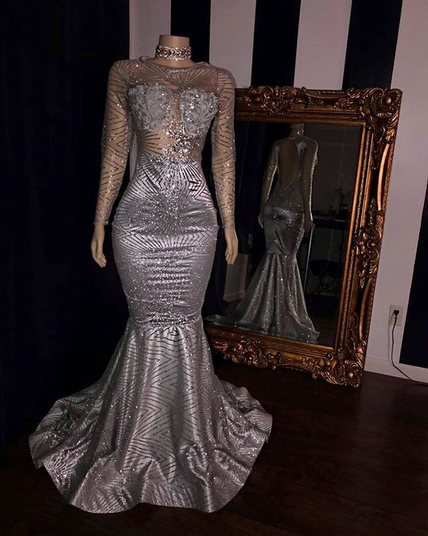 Ballbella has a great collection of Real Model Series at an affordable price. Welcome to buy high quality Elegant Appliques Sheer Tulle Prom Dresses Sliver Long Sleevess Mermaid Evening Gowns.