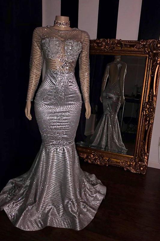 Elegant Appliques Sheer Tulle Prom Dresses Sliver Long Sleevess Mermaid Evening Gowns-Ballbella