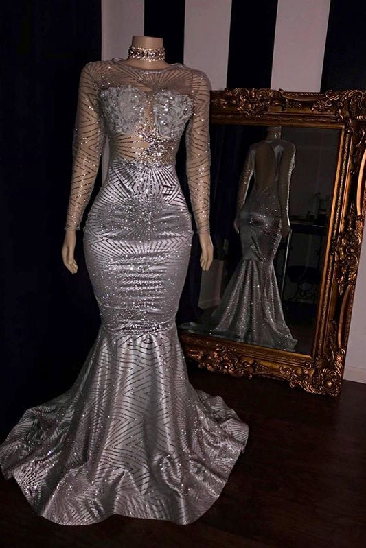 Ballbella has a great collection of Real Model Series at an affordable price. Welcome to buy high quality Elegant Appliques Sheer Tulle Prom Dresses Sliver Long Sleevess Mermaid Evening Gowns.