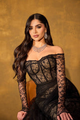 Elegant Black Off-The-Shoulder Long Sleeves Lace Tulle Prom Dresses Column With Zipper-Ballbella