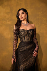 Elegant Black Off-The-Shoulder Long Sleeves Lace Tulle Prom Dresses Column With Zipper-Ballbella
