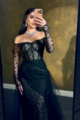 Elegant Black Off-The-Shoulder Long Sleeves Lace Tulle Prom Dresses Column With Zipper-Ballbella