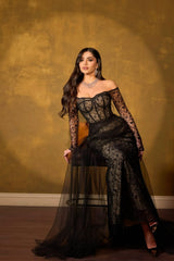 Elegant Black Off-The-Shoulder Long Sleeves Lace Tulle Prom Dresses Column With Zipper-Ballbella