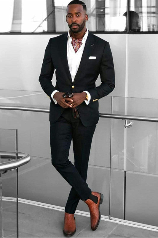 Elegant Black Peaked Lapel Slim Fit One Button Formal Men Suits-Ballbella