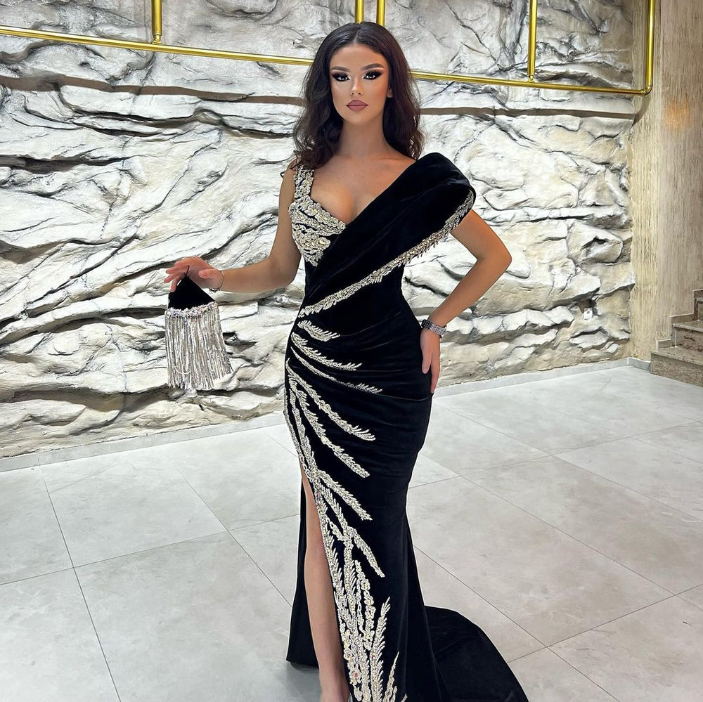 chinese dress ladies Off-The-Shoulder Ankle-Length Black Split Prom Dress Party Dress US6 / As Picture main image 1