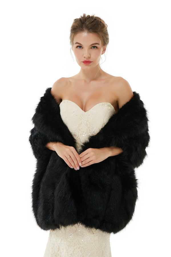 Elegant Black Stripe Faux Fur Wedding Shawl For Bride-Ballbella
