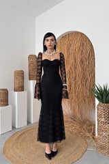Elegant Black Sweetheart Long Sleeves Mermaid Prom Dresses Lace Column With Zipper-Ballbella