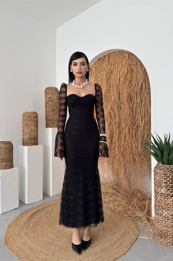 Elegant Black Sweetheart Long Sleeves Mermaid Prom Dresses Lace Column –  Ballbella