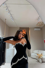 Elegant Black Sweetheart Strapless Velvet Prom Dresses Mermaid Gem With Gloves-Ballbella