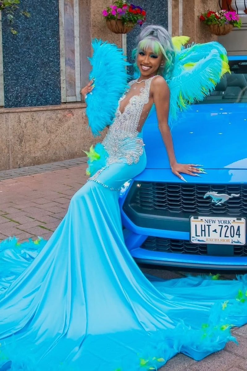 Elegant Blue Silver Sequined Feathers Mermaid Long Prom Dresses Ballbella Elegant Blue Silver Sequined Feathers Mermaid Long Prom Dresses Ballbella