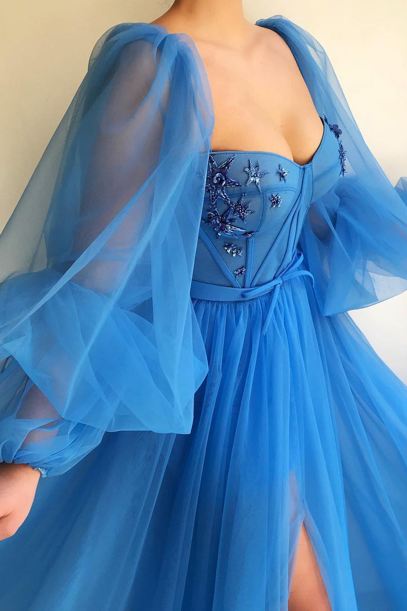 Elegant Blue Tulle Long Sleeves Prom Dress Sweetheart Long Beaded With Slit Elegant Blue Tulle Long Sleeves Prom Dress Sweetheart Long Beaded With Slit