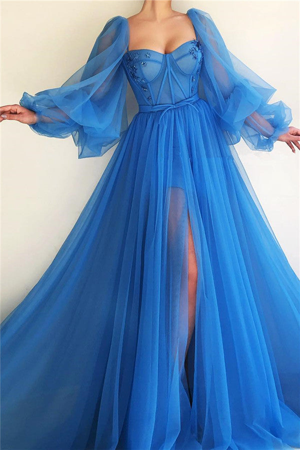 Elegant Blue Tulle Long Sleeves Prom Dress Sweetheart Long Beaded With Slit Elegant Blue Tulle Long Sleeves Prom Dress Sweetheart Long Beaded With Slit