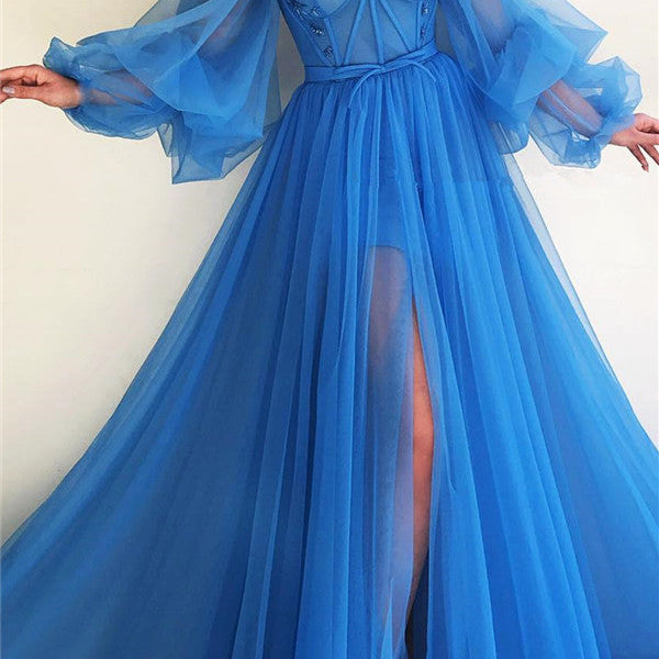 Elegant Blue Tulle Long Sleeves Prom Dress Sweetheart Long Beaded With Slit