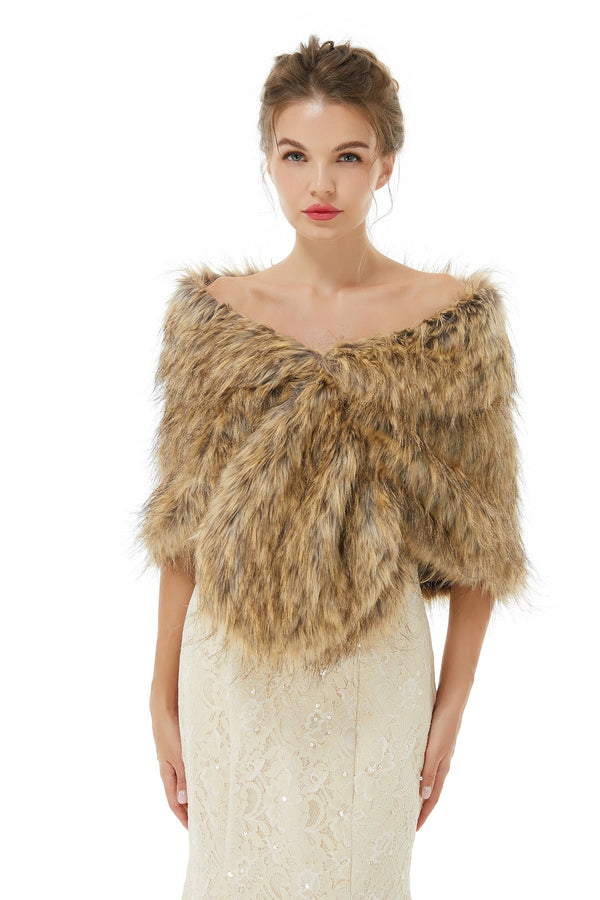 Elegant Brown Faux Fur Wedding Shawl Winter Bridal Covers-Ballbella