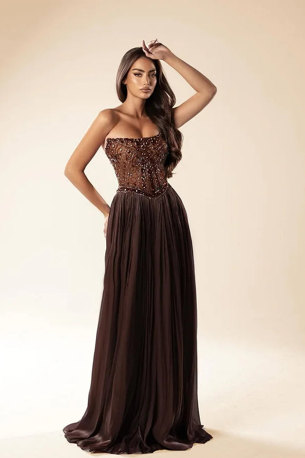 elegant brown dresses Strapless Sleeveless A-Line Prom Gem Long With Pleats Glamorous Gingham Tie-Front Smocked Size:3-6 Months (70cm) PatternLabel: Solid US 4 / UK