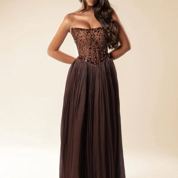 Elegant Brown Strapless Sleeveless A-Line Prom Dresses Gem Long with Pleats