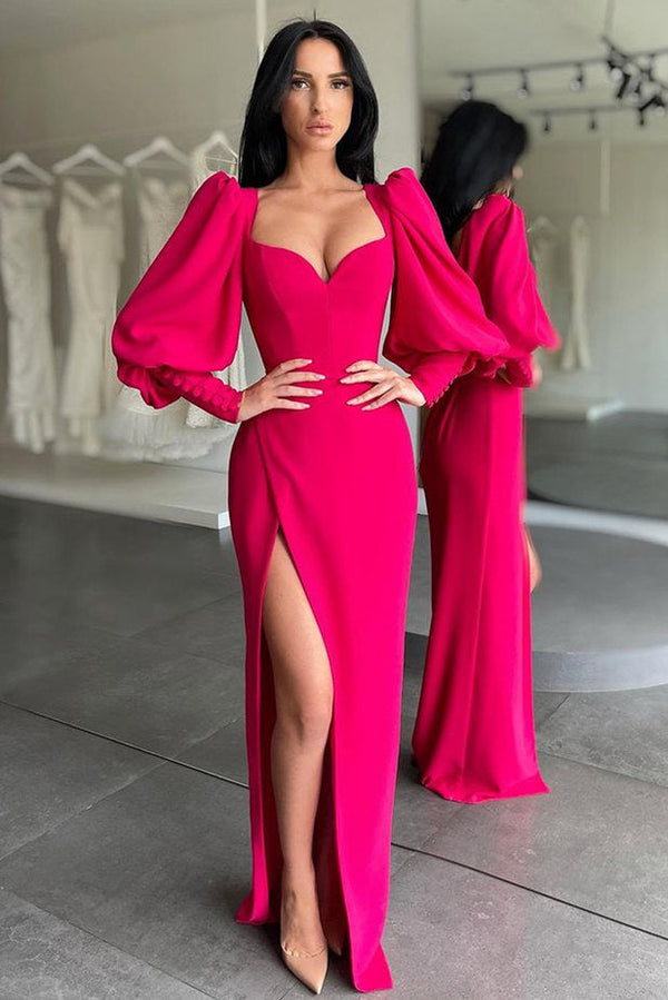 Elegant Bubble sleeves Sweetheart Red Side-cut Mermaid Prom Dress-Ballbella