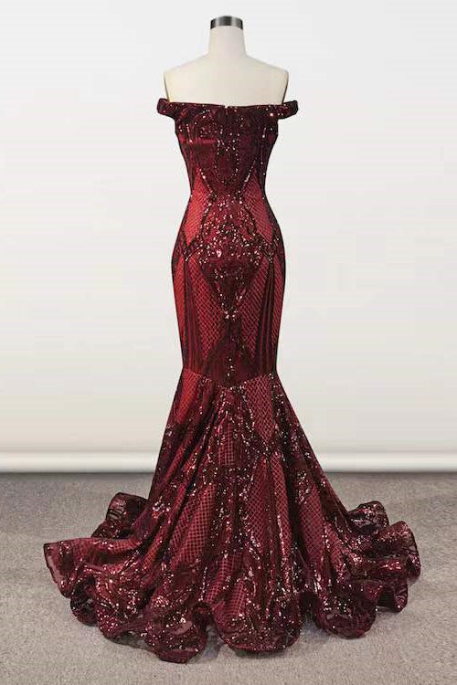 Elegant Burgundy Off-the-shoulder Mermaid Prom Dresses-Ballbella