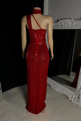Elegant Burgundy One Shoulder Sleeveless Sequins Prom Dresses Mermaid Sheath With Zipper-Ballbella