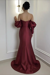 Elegant Burgundy Strapless Satin Mermaid Prom Dress Column Detachable Sleeves With Zipper-Ballbella