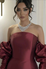 Elegant Burgundy Strapless Satin Mermaid Prom Dress Column Detachable Sleeves With Zipper-Ballbella