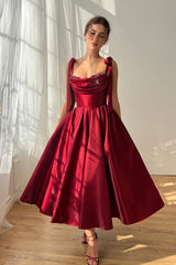 Elegant Burgundy Straps Sleeveless Satin Prom Dresses A-Line Ankle Length With Beads-Ballbella