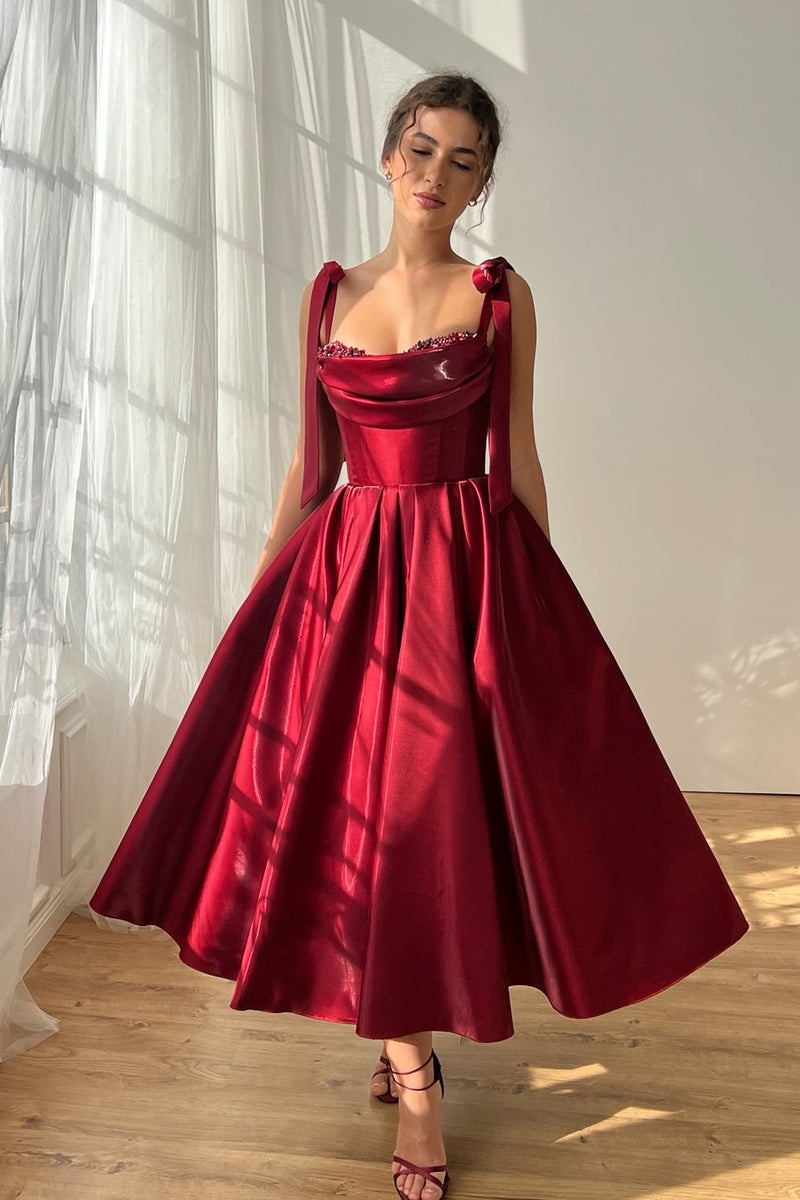 red dress ankle length Burgundy Ankle Length Square Neck Sleeveless Stretch Satin Prom Dress   Uniquedresss