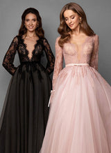 Elegant Chic A-line V-Neck Long Sleeves Lace Tulle Sweep Train Wedding Dresses Featuring Lace-Ballbella