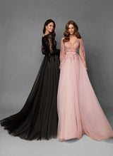 Elegant Chic A-line V-Neck Long Sleeves Lace Tulle Sweep Train Wedding Dresses Featuring Lace-Ballbella