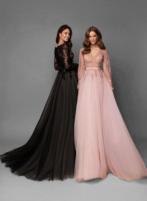 Elegant Chic A-line V-Neck Long Sleeves Lace Tulle Sweep Train Wedding Dresses Featuring Lace-Ballbella