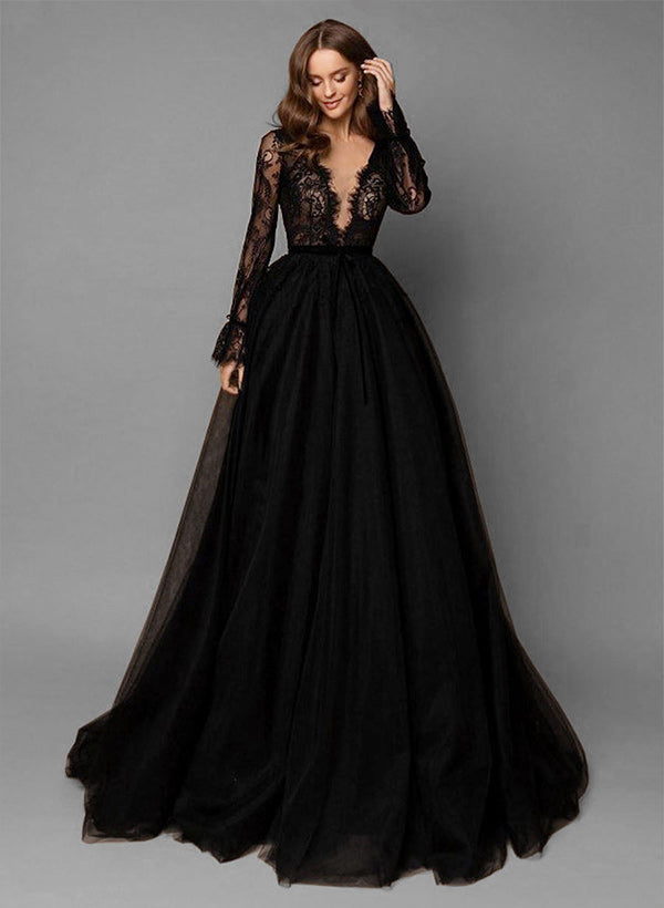 Elegant Chic A-line V-Neck Long Sleeves Lace Tulle Sweep Train Wedding Dresses Featuring Lace-Ballbella