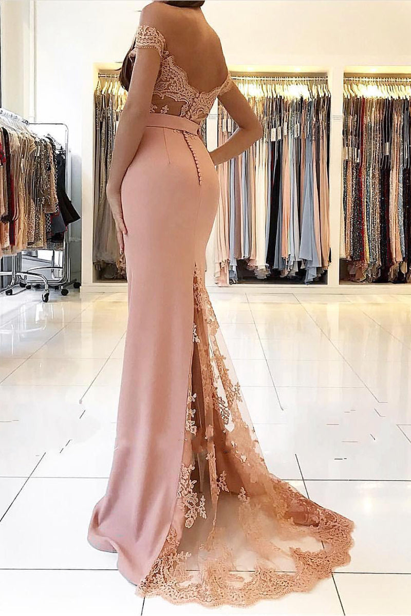 Elegant Chiffon Off-the-shoulder Lace Evening Dress Long Black Or Pink-Ballbella