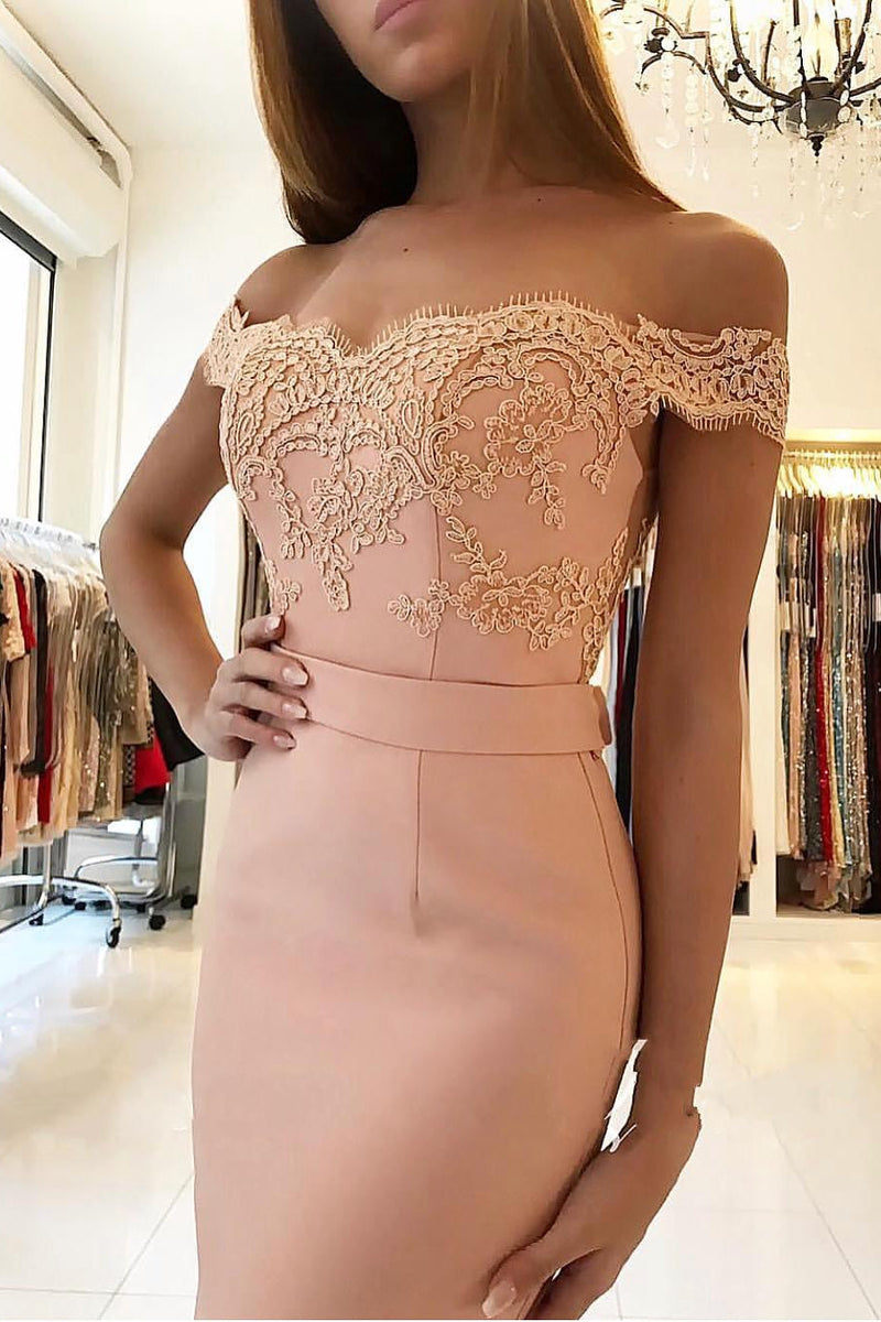 Elegant Chiffon Off-the-shoulder Lace Evening Dress Long Black Or Pink Ballbella Elegant Chiffon Off-the-shoulder Lace Evening Dress Long Black Or Pink Ballbella