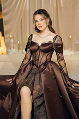Elegant Chocolate Sweetheart Hi-Lo Satin Lace Prom Dress Long Sleeves With Lace-Up Back-Ballbella