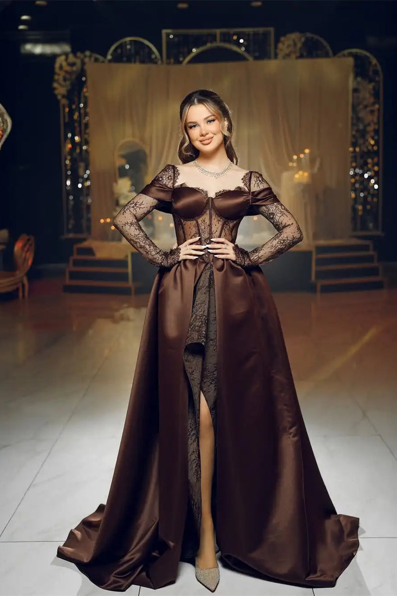 Elegant Chocolate Sweetheart Hi-Lo Satin Lace Prom Dress Long Sleeves with Lace-Up Back