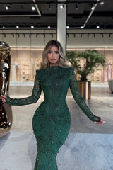 Elegant Dark Green High Collar Long Sleeves Mermaid Prom Dresses Column With Gem-Ballbella