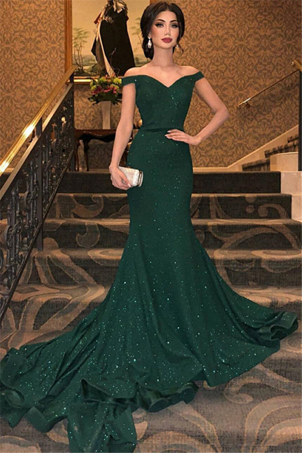 Ballbella custom made this Chic dark green mermaid off shoulder prom dresses cheap,  we sell dresses On Sale all over the world. Also,  extra discount are offered to our customers. We will try our best to satisfy everyone and make the dress fit you wel