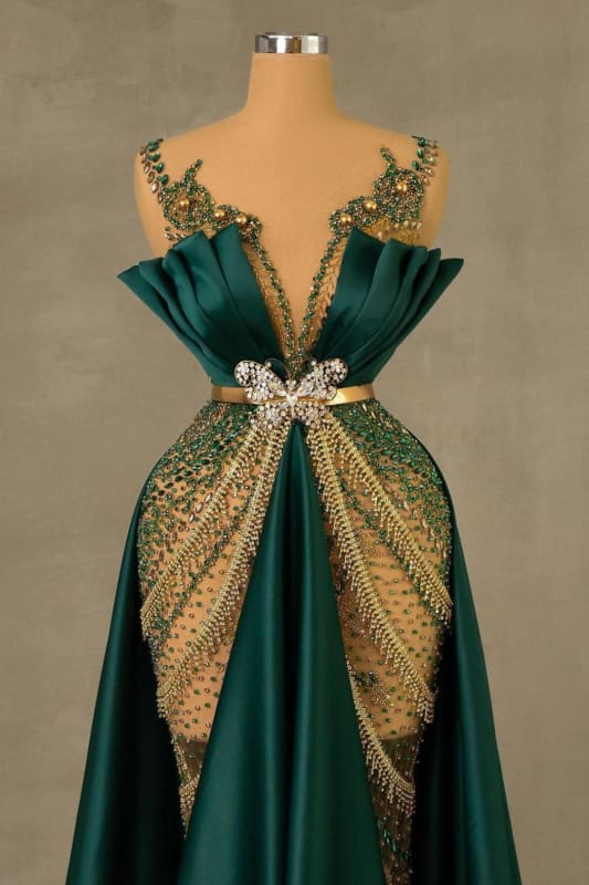Elegant Dark Green V-neck Luxury Beaded Mermaid Court Train Prom Dresses-Ballbella