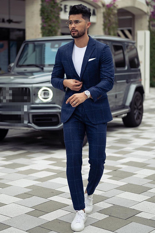 Elegant Dark Navy Plaid Notched Lapel Men Suit-Ballbella