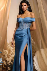Elegant Dusty Blue Off-The-Shoulder Satin Mermaid Prom Dresses Beads Side Split With Ruffle-Ballbella