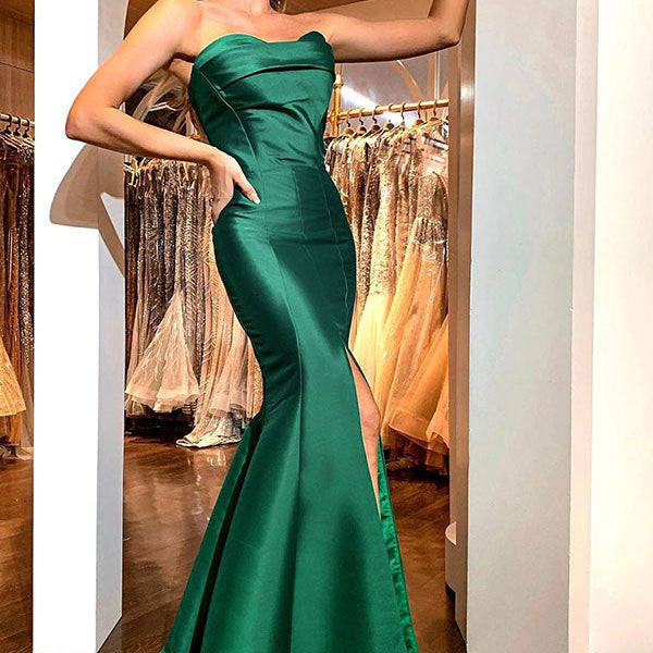 Elegant Emerald Green Sweetheart Mermaid Simple Prom Dresses On Sale with High Split Elegant Emerald Green Sweetheart Mermaid Simple Prom Dresses On Sale with High Split